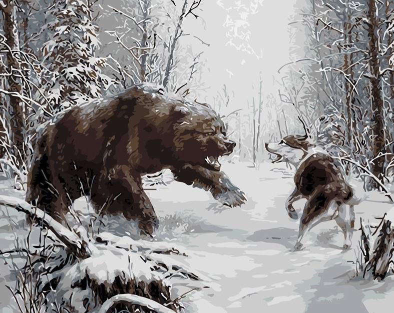 Bear And Wolf Fight Painting
