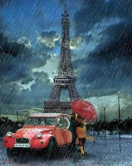 Couple In Rain With Eiffel Tower And Car