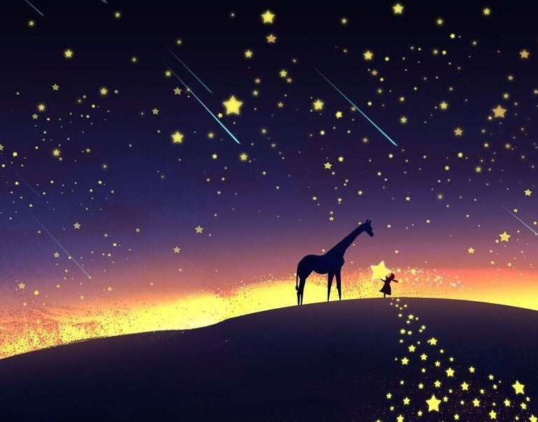 Girl with Giraffe At Night
