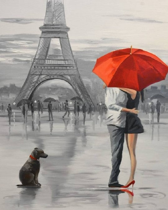 Couple At Eiffel Tower hugging painting