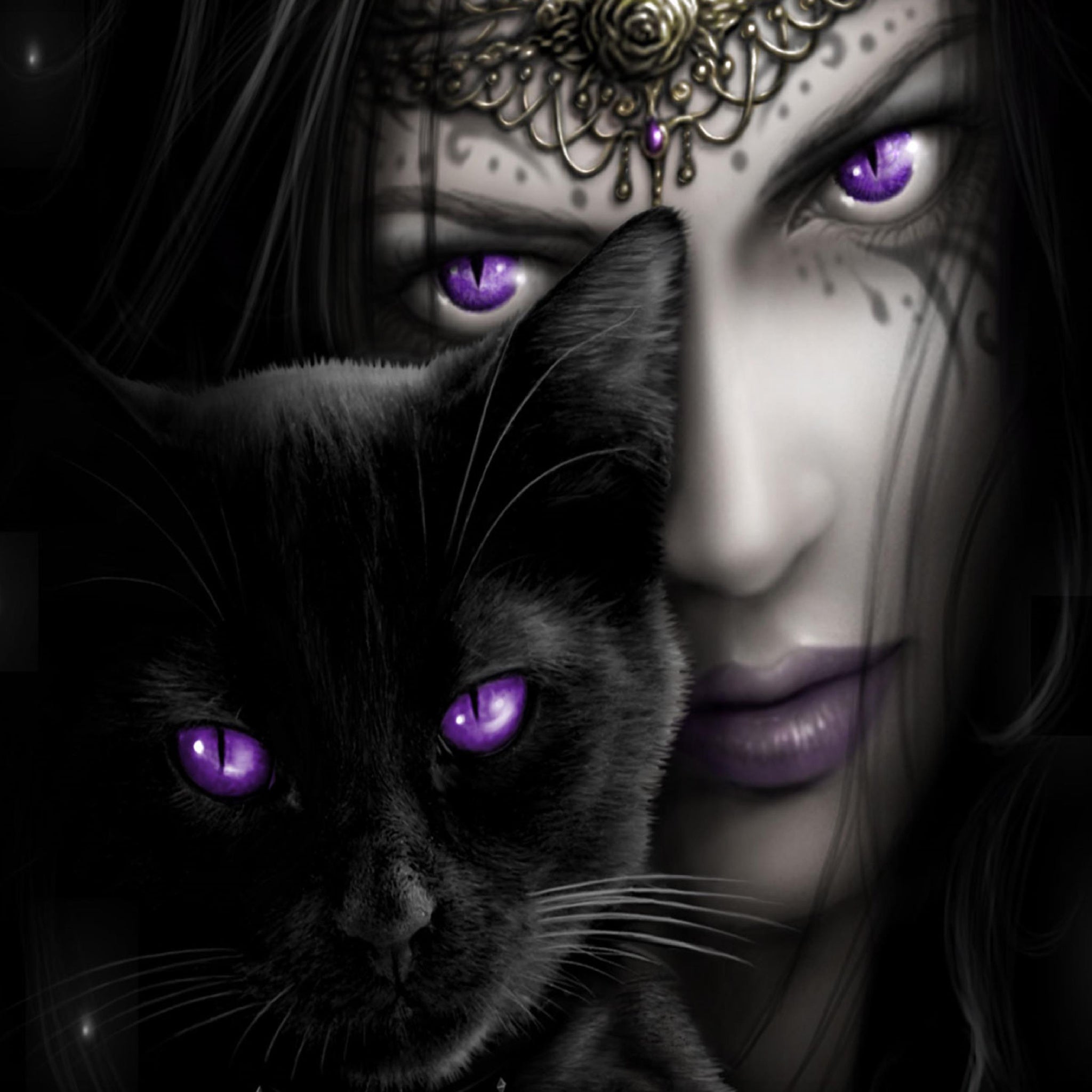 Purple Eyed Black Cat and Girl painting