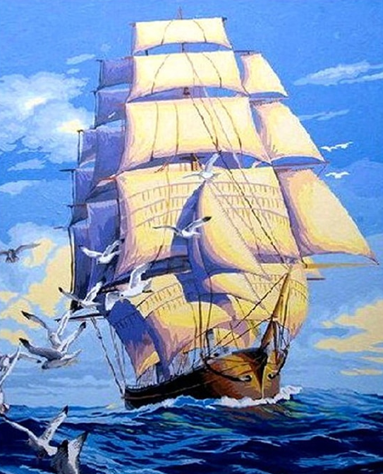 Birds And Ship In Ocean paint by numbers