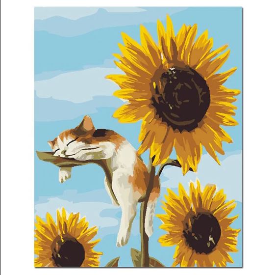 Cute Kitten Sleeping On Sun Flowers - Painting Kit