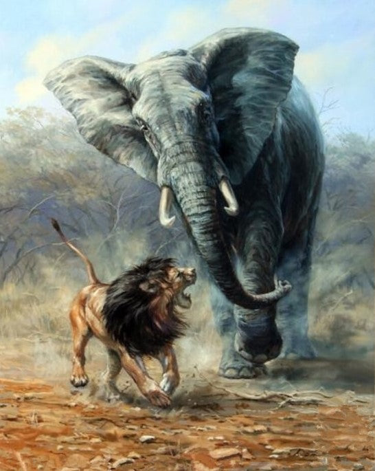 Lion Fighting With Elephant painting