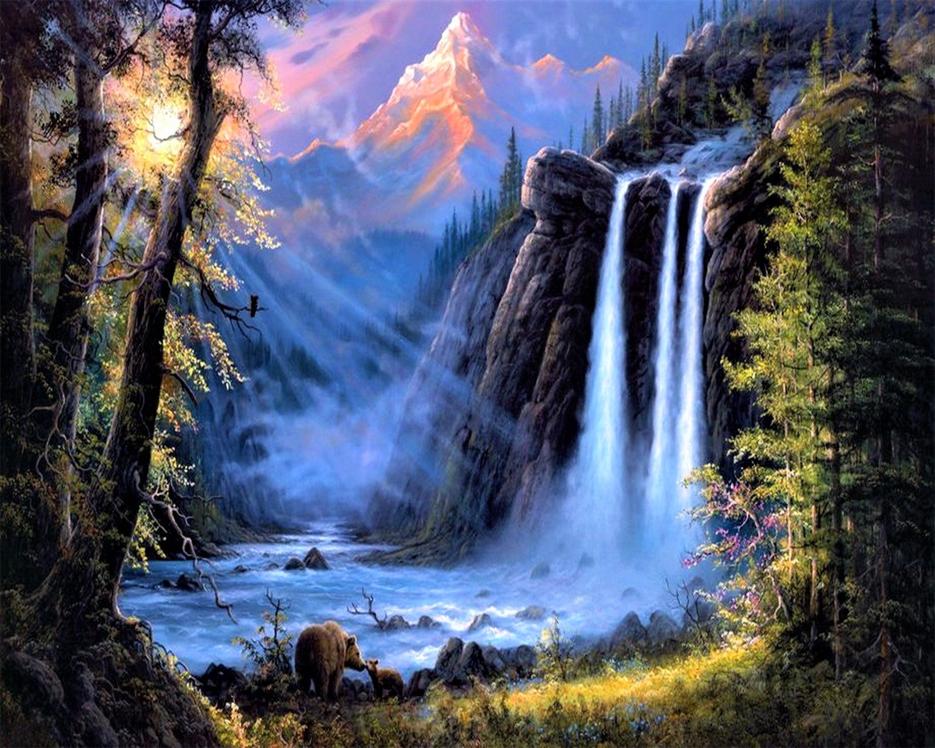 Waterfall Streaming Mountain Painting