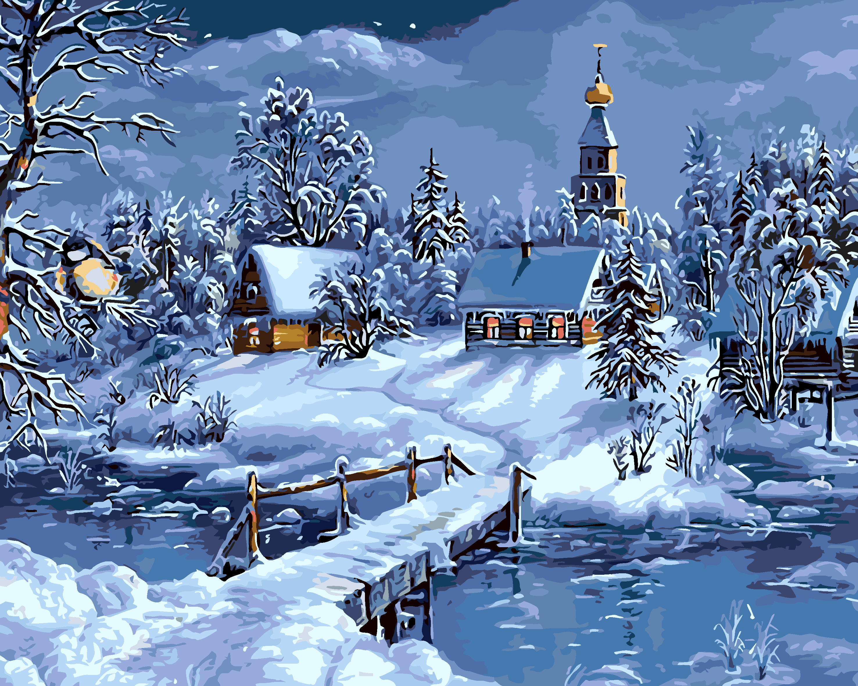 Winter Night Lake Scene Painting