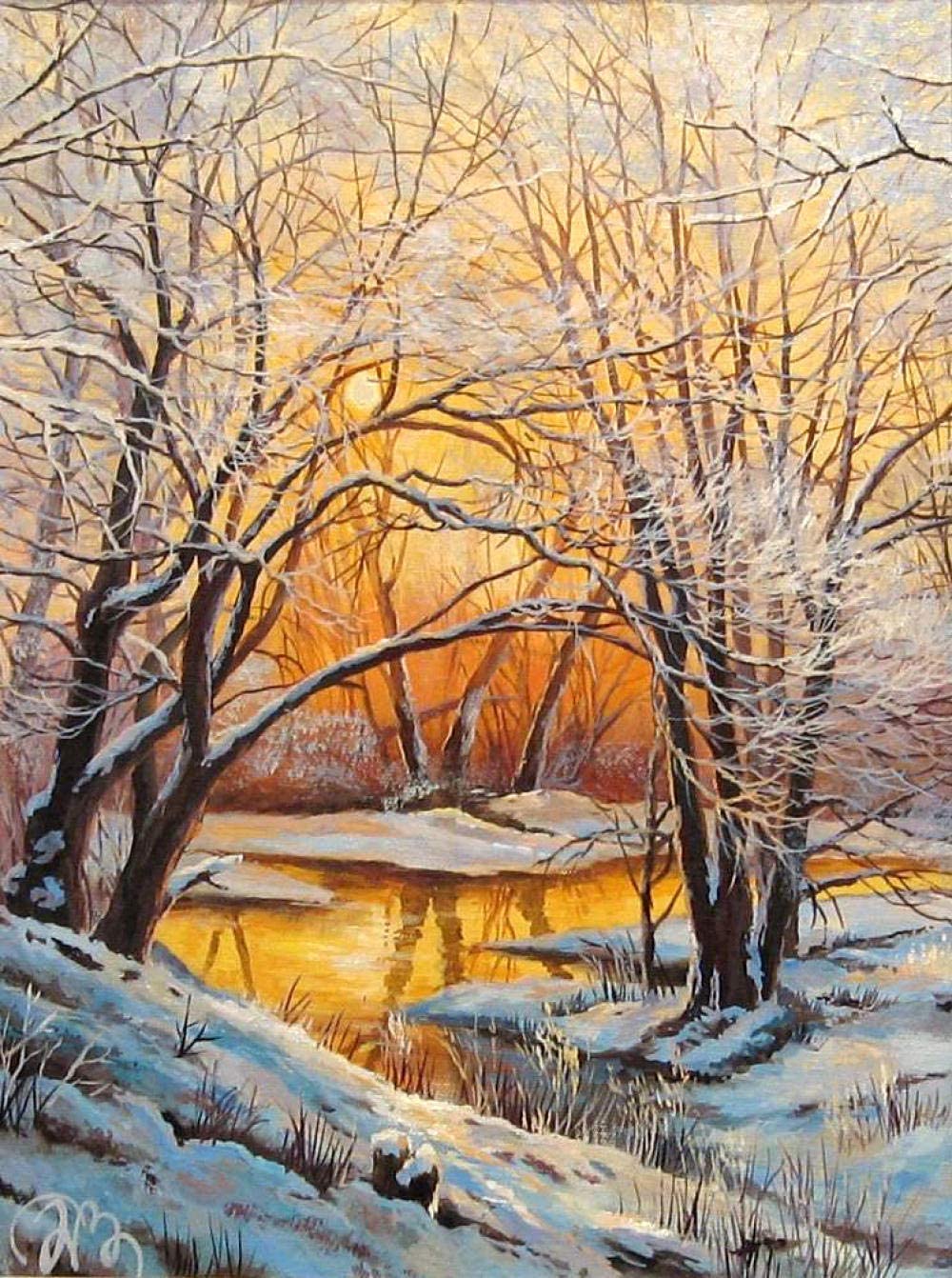 Winter Sunset Lake scene
