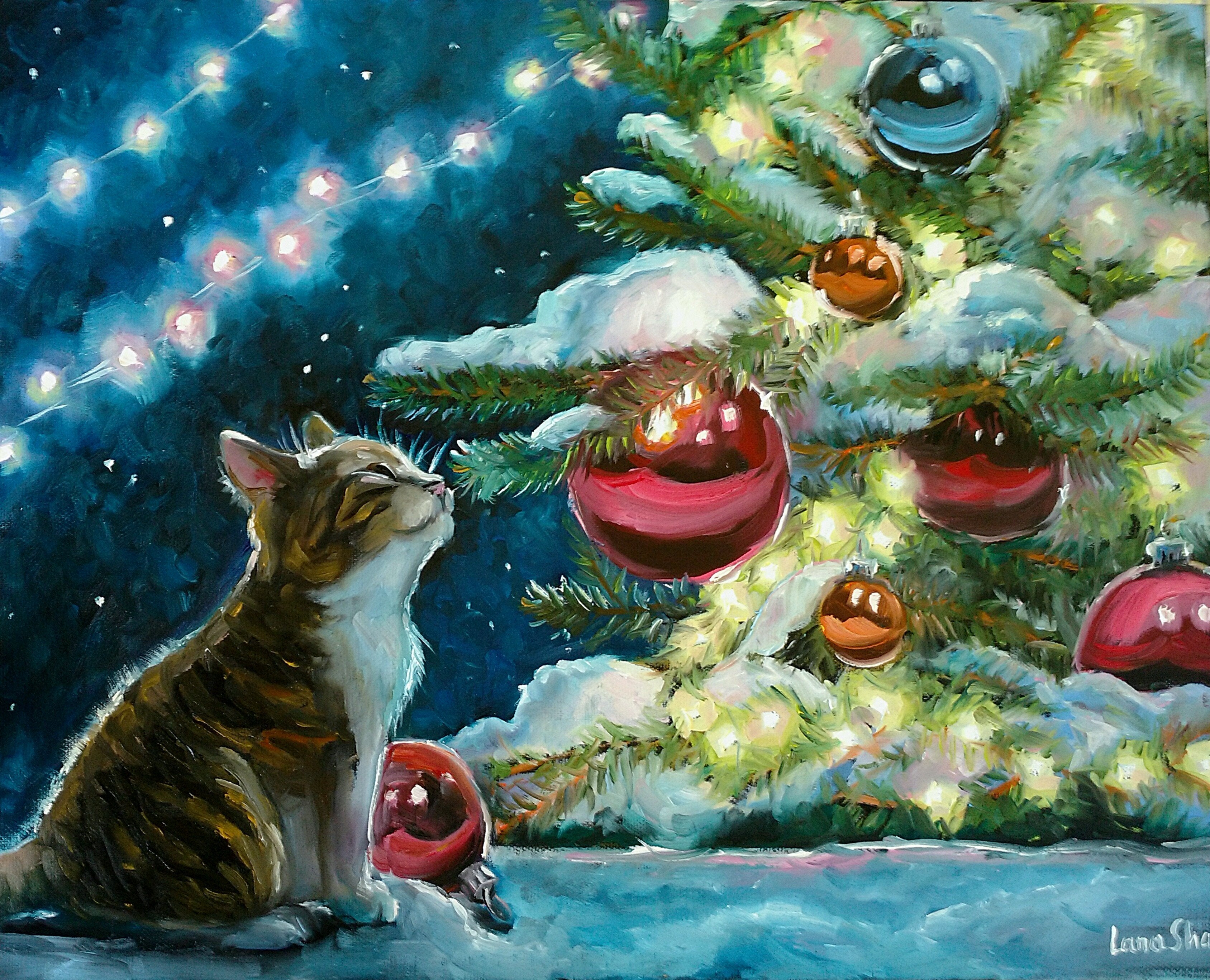 cat Christmas painting